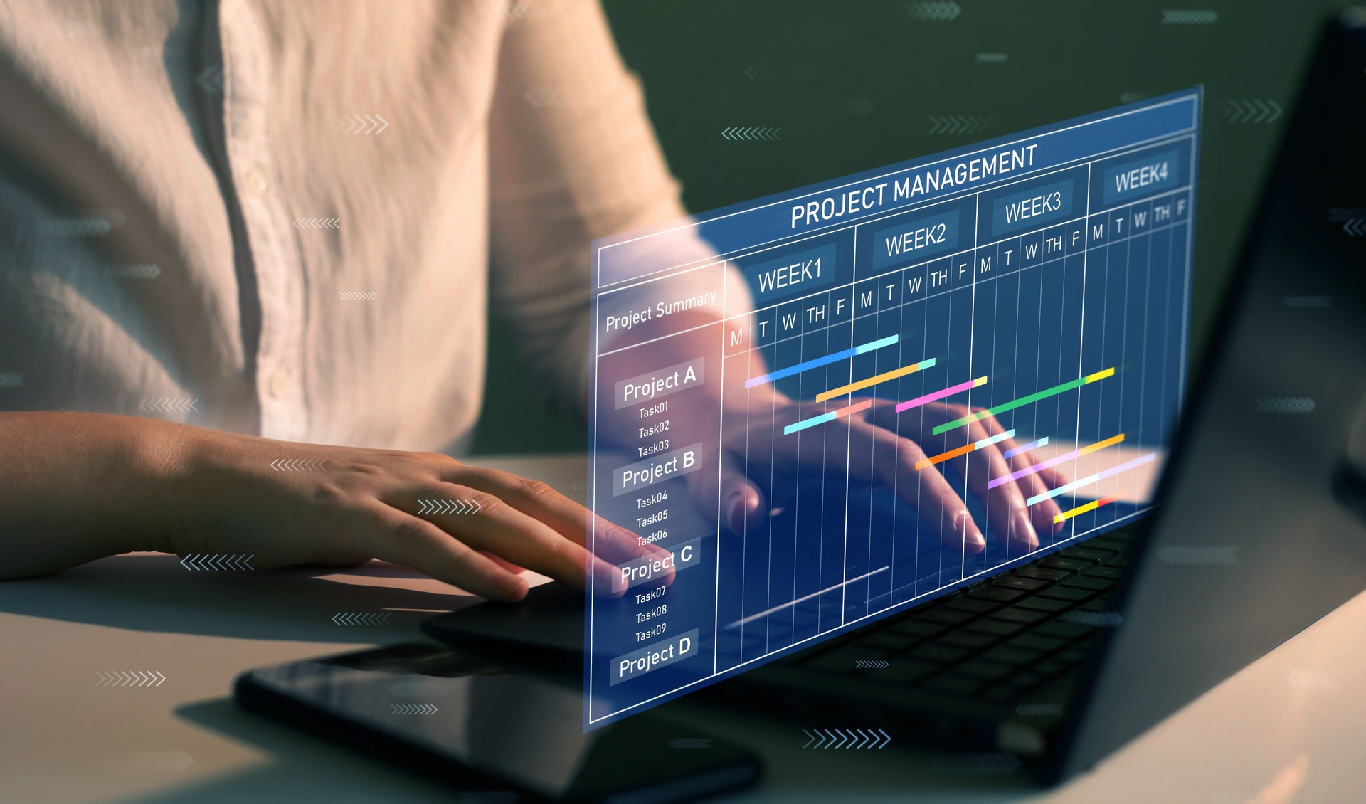 Business Project Management System. Project manager working on laptop and updating tasks and milestones progress planning with Gantt chart scheduling interface for company on virtual screen.