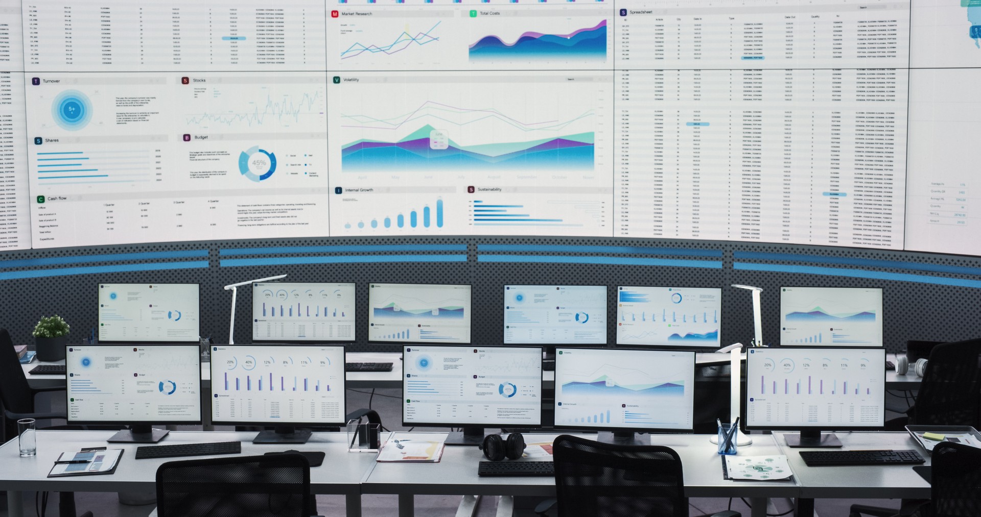 Empty Modern Monitoring Office With Big Digital Screen And Working Places of Employees With Desktop Computers and Monitors. Graphs And Charts Showing Financial Data And Reports Of Consulting Company.